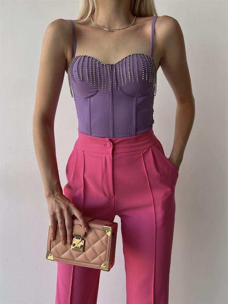 Göğüs Çevresi Zincirli Korse Napea Kadın Mor Crop Bluz 22Y000325