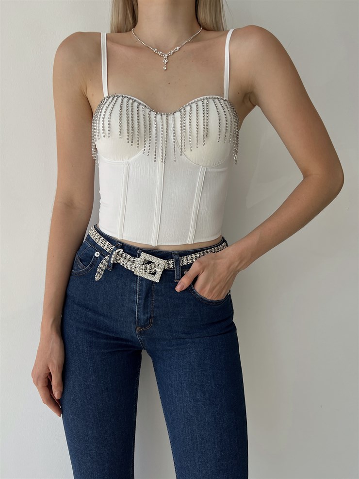 Göğüs Çevresi Zincirli Korse Napea Kadın Beyaz Crop Bluz 22Y000325