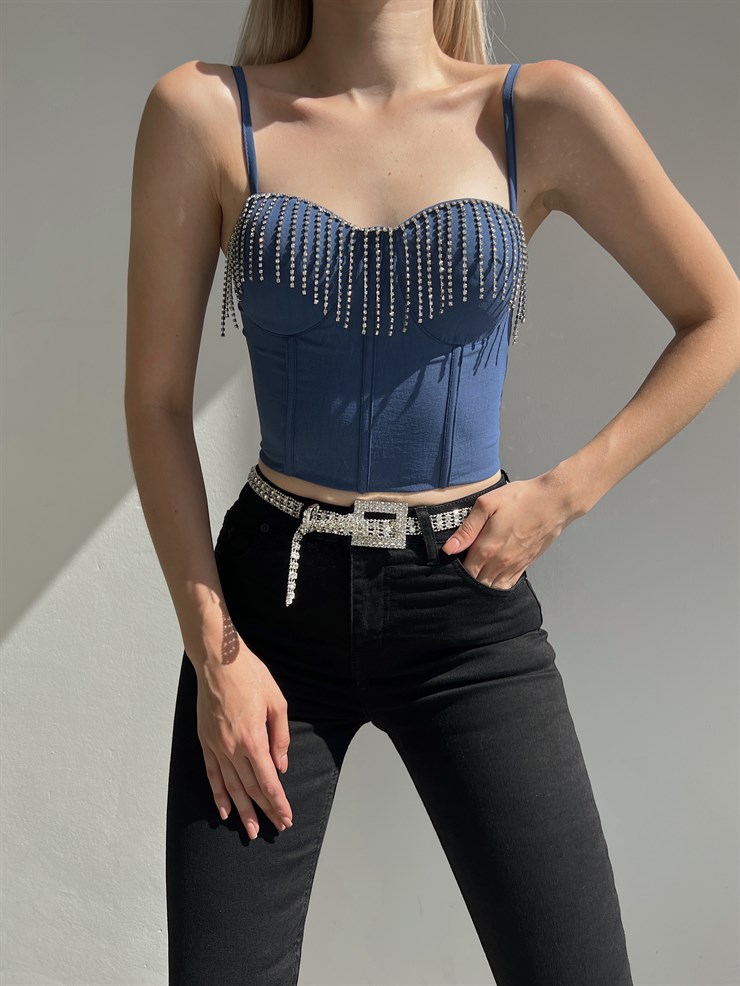 Göğüs Çevresi Zincirli Korse Napea Kadın İndigo Crop Bluz 22Y000325