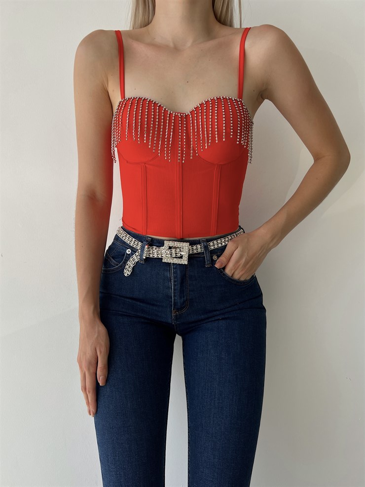 Göğüs Çevresi Zincirli Korse Napea Kadın Kırmızı Crop Bluz 22Y000325