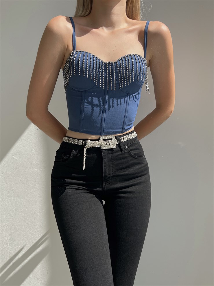 Göğüs Çevresi Zincirli Korse Napea Kadın İndigo Crop Bluz 22Y000325
