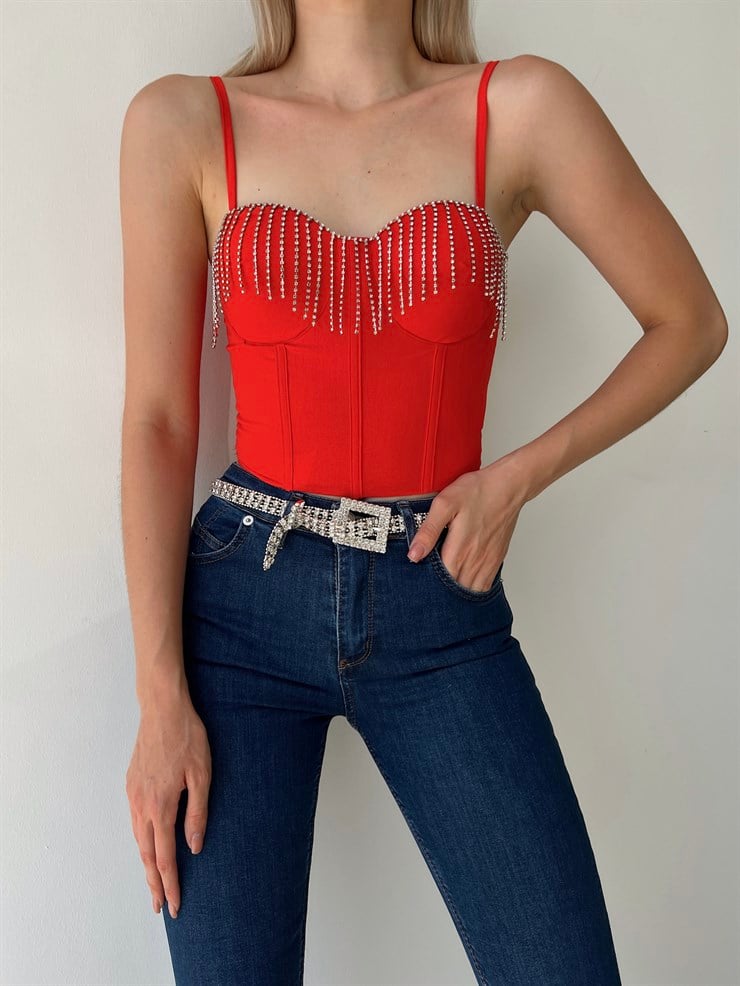 Göğüs Çevresi Zincirli Korse Napea Kadın Kırmızı Crop Bluz 22Y000325