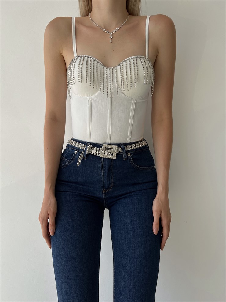 Göğüs Çevresi Zincirli Korse Napea Kadın Beyaz Crop Bluz 22Y000325