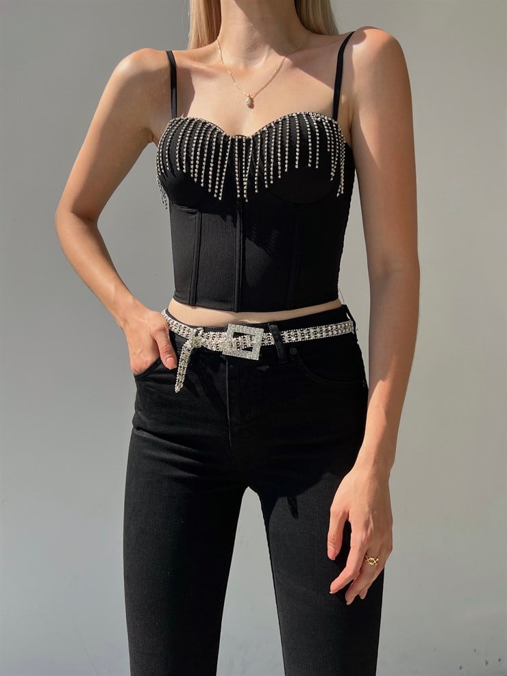 Göğüs Çevresi Zincirli Korse Napea Kadın Siyah Crop Bluz 22Y000325