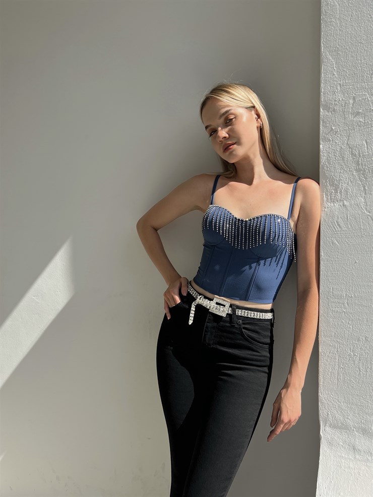 Göğüs Çevresi Zincirli Korse Napea Kadın İndigo Crop Bluz 22Y000325
