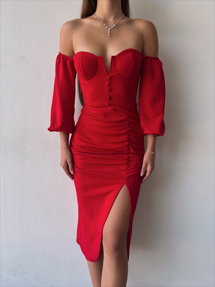 Göğüs Dekolteli Önü Düğme Detaylı Etek Kısmı Yırtmaçlı Varro Kadın Kırmızı Midi Boy Elbise 23K000109