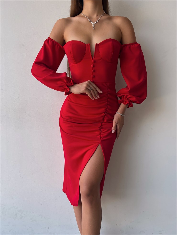 Göğüs Dekolteli Önü Düğme Detaylı Etek Kısmı Yırtmaçlı Varro Kadın Kırmızı Midi Boy Elbise 23K000109