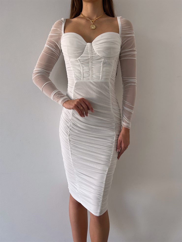 Göğüs Gloplu Omuz Lastikli Uzun Tül Kol Drapeli Linnaeus Kadın Beyaz Mini Elbise 23K000103