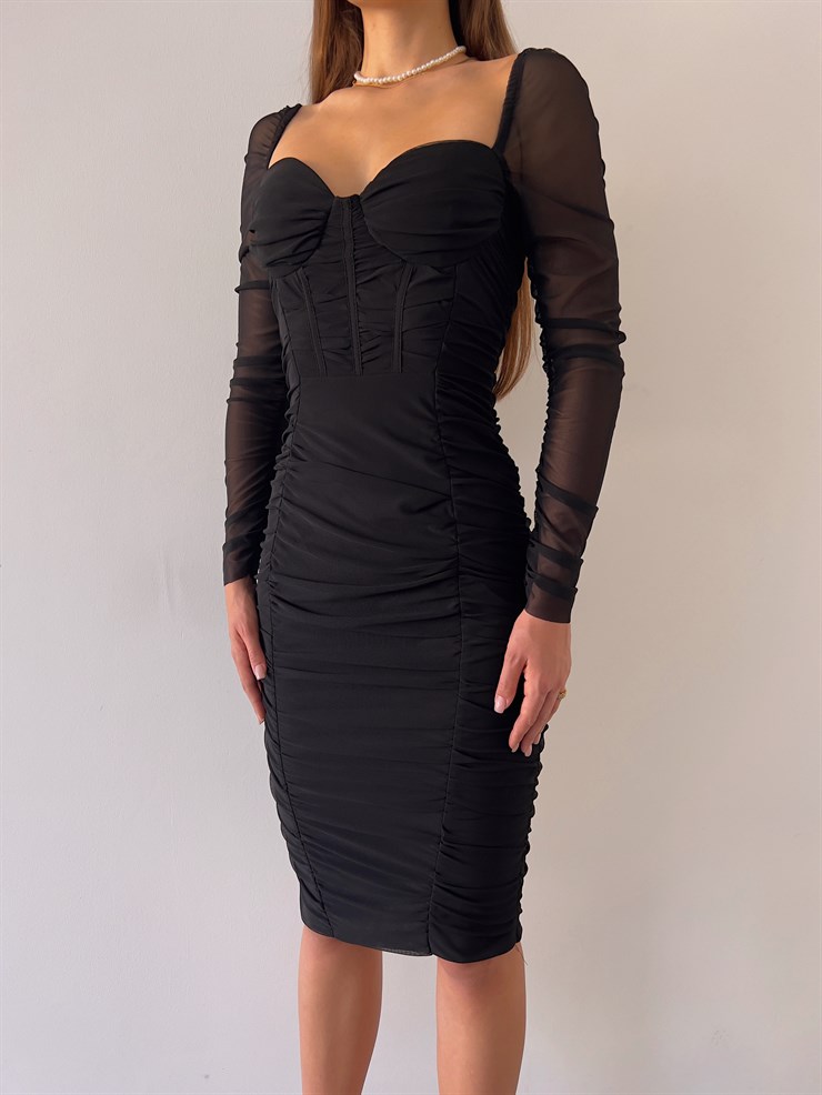 Göğüs Gloplu Omuz Lastikli Uzun Tül Kol Drapeli Linnaeus Siyah Kadın Mini Elbise 23K000103