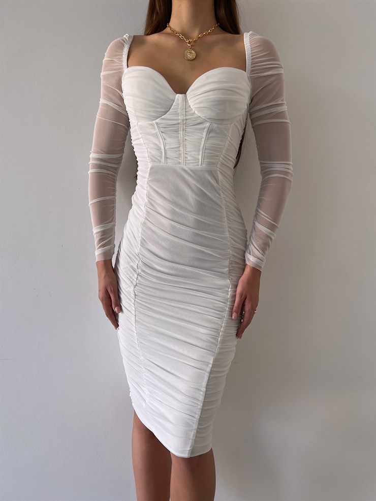 Göğüs Gloplu Omuz Lastikli Uzun Tül Kol Drapeli Linnaeus Kadın Beyaz Mini Elbise 23K000103
