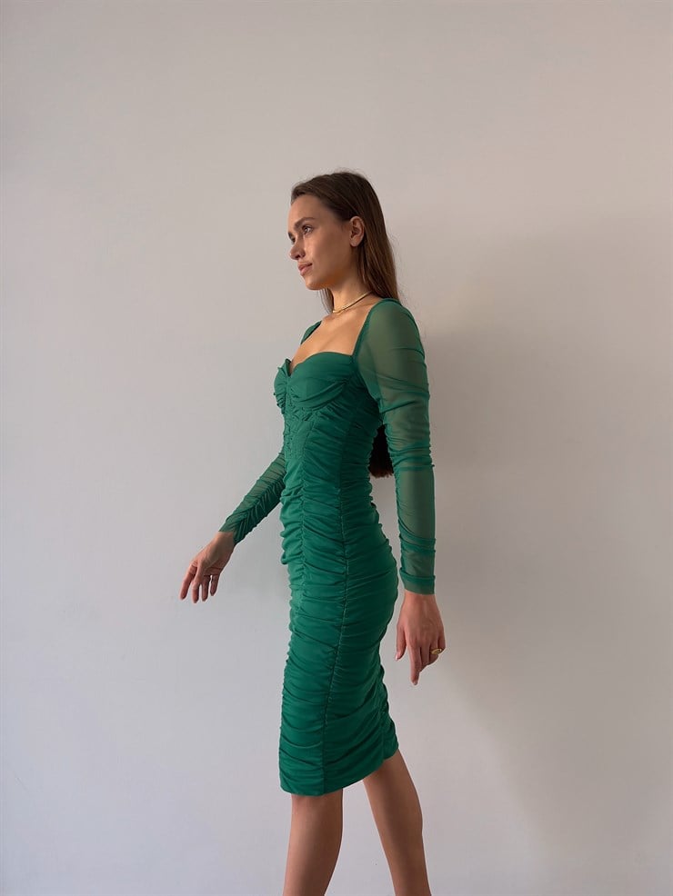 Göğüs Gloplu Omuz Lastikli Uzun Tül Kol Drapeli Linnaeus Yeşil Kadın Mini Elbise 23K000103