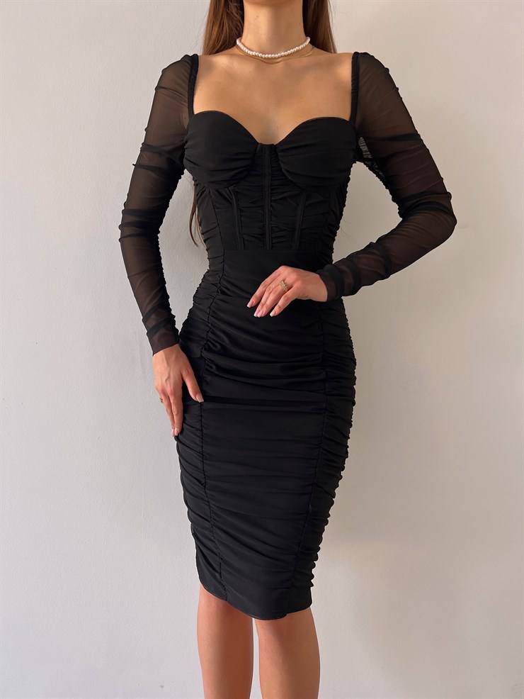 Göğüs Gloplu Omuz Lastikli Uzun Tül Kol Drapeli Linnaeus Siyah Kadın Mini Elbise 23K000103