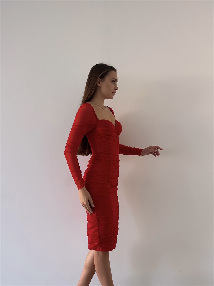 Göğüs Gloplu Omuz Lastikli Uzun Tül Kol Drapeli Linnaeus Kırmızı Kadın Mini Elbise 23K000103