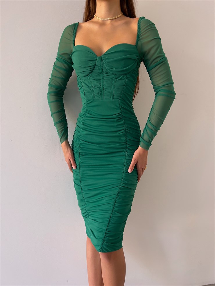 Göğüs Gloplu Omuz Lastikli Uzun Tül Kol Drapeli Linnaeus Yeşil Kadın Mini Elbise 23K000103