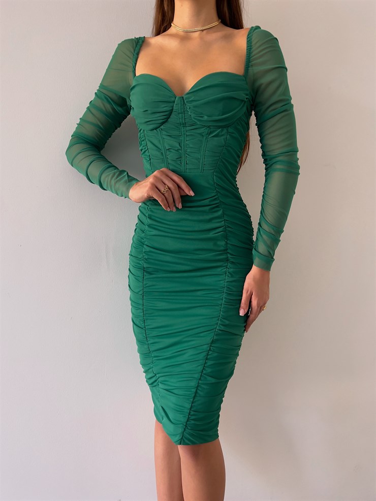 Göğüs Gloplu Omuz Lastikli Uzun Tül Kol Drapeli Linnaeus Yeşil Kadın Mini Elbise 23K000103