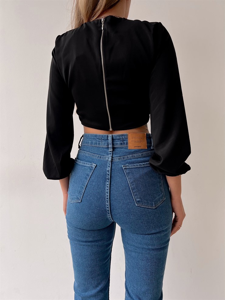 Göğüs Halka Detay Bağcıklı Derin V Mariem Kadın Siyah Bluz 22K000582