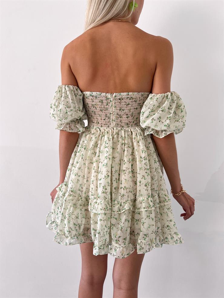 Göğüs Kısmı Büzgü Detaylı Önü Düğmeli Longe Kadın Çiçekli Yeşil Mini Elbise 23Y000235