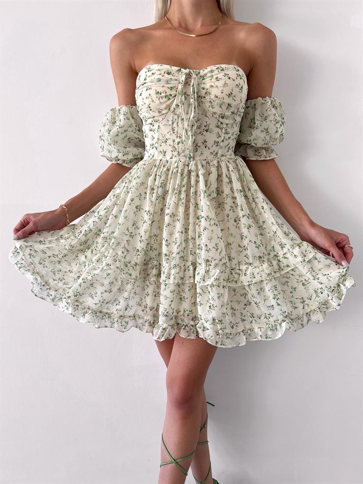 Göğüs Kısmı Büzgü Detaylı Önü Düğmeli Longe Kadın Çiçekli Yeşil Mini Elbise 23Y000235