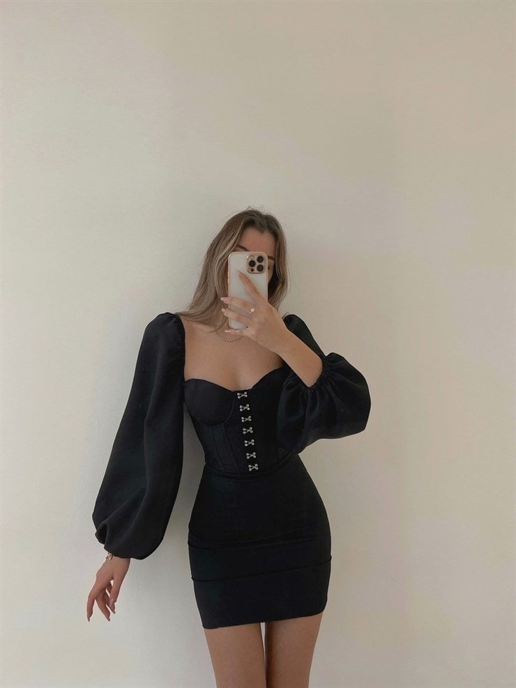 Göğüs Kuplu Balon Kol Korse Kalp Yaka Aciane Kadın Siyah Elbise 22K000574