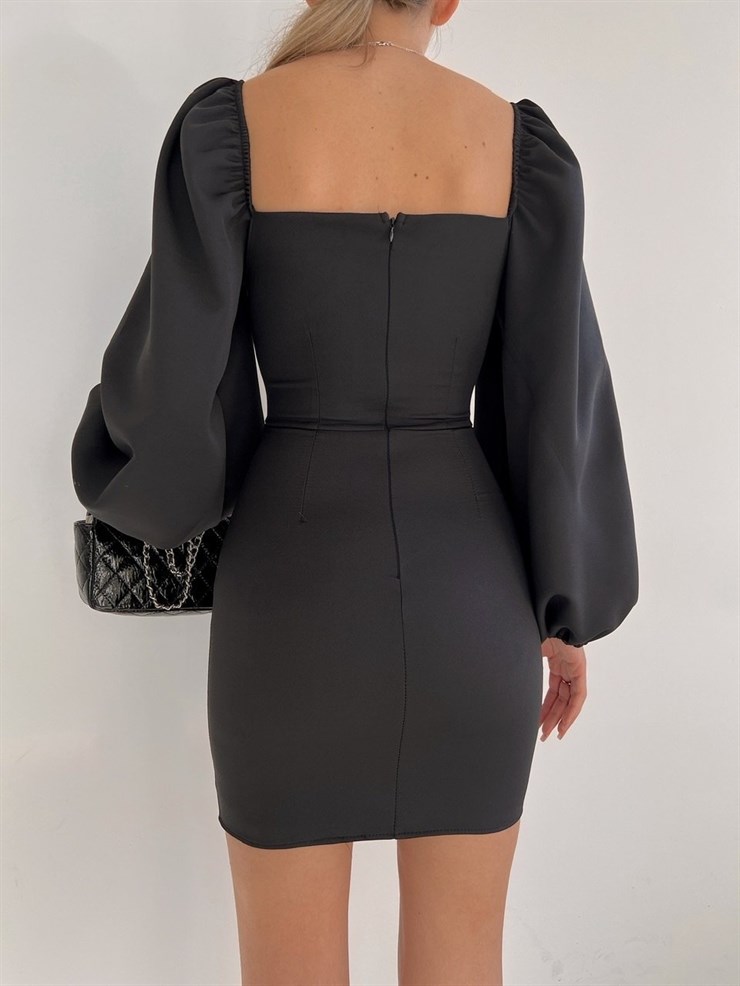 Göğüs Kuplu Balon Kol Korse Kalp Yaka Aciane Kadın Siyah Elbise 22K000574