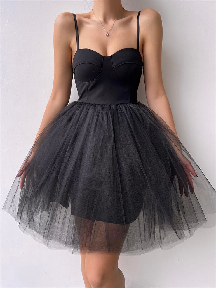 Göğüs Kuplu Mini Tütü Etekli Natale Kadın Siyah Tül Elbise 22Y000308