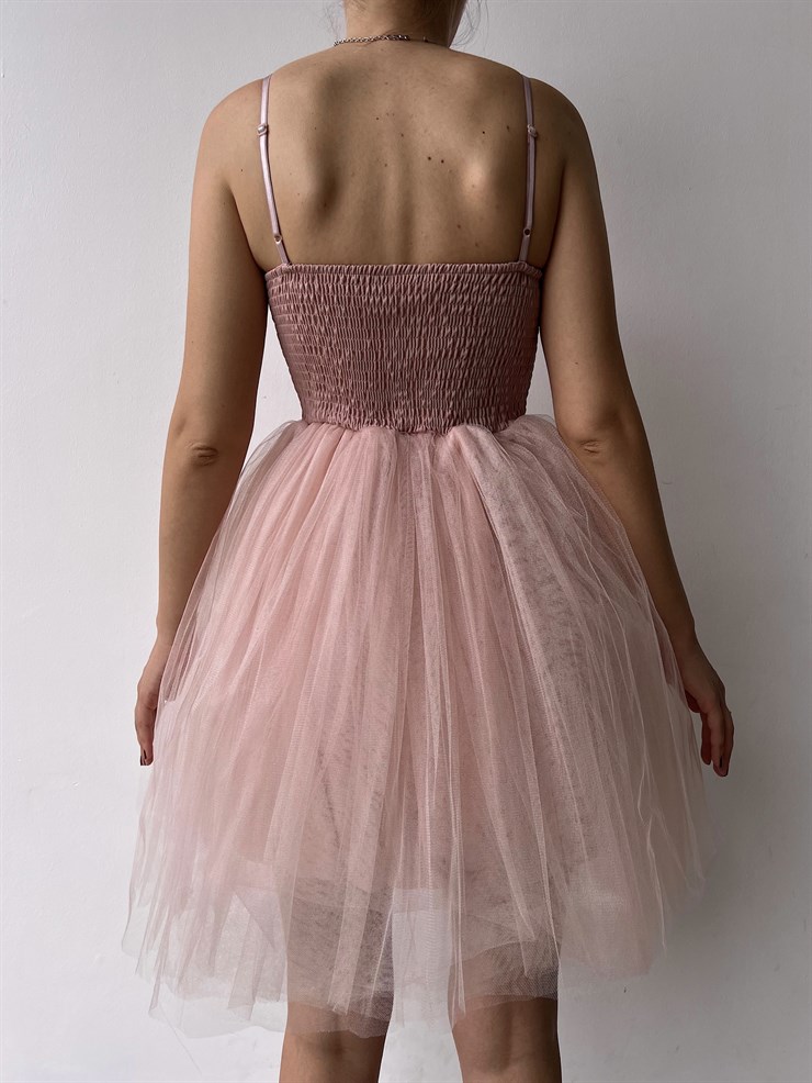 Göğüs Kuplu Mini Tütü Etekli Natale Kadın Pudra Tül Elbise 22Y000308