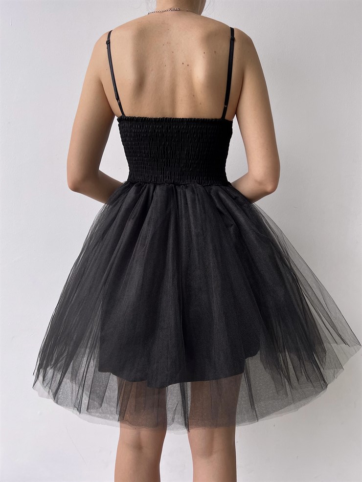 Göğüs Kuplu Mini Tütü Etekli Natale Kadın Siyah Tül Elbise 22Y000308