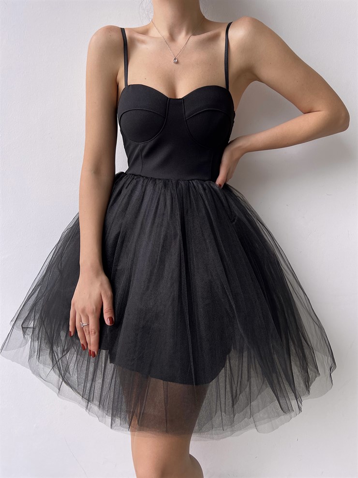 Göğüs Kuplu Mini Tütü Etekli Natale Kadın Siyah Tül Elbise 22Y000308