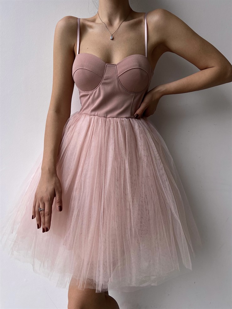 Göğüs Kuplu Mini Tütü Etekli Natale Kadın Pudra Tül Elbise 22Y000308