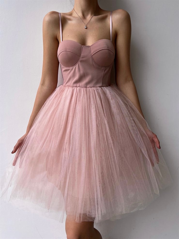 Göğüs Kuplu Mini Tütü Etekli Natale Kadın Pudra Tül Elbise 22Y000308