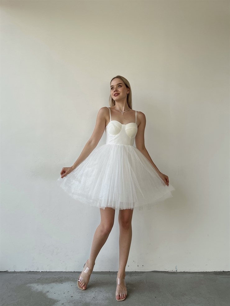 Göğüs Kuplu Mini Tütü Etekli Natale Kadın Beyaz Tül Elbise 22Y000308