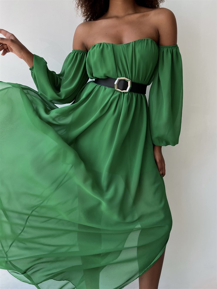 Göğüs Kuplu Şifon Çift Yırtmaçlı Uzun Severus Kadın Zümrüt Elbise 22Y000417