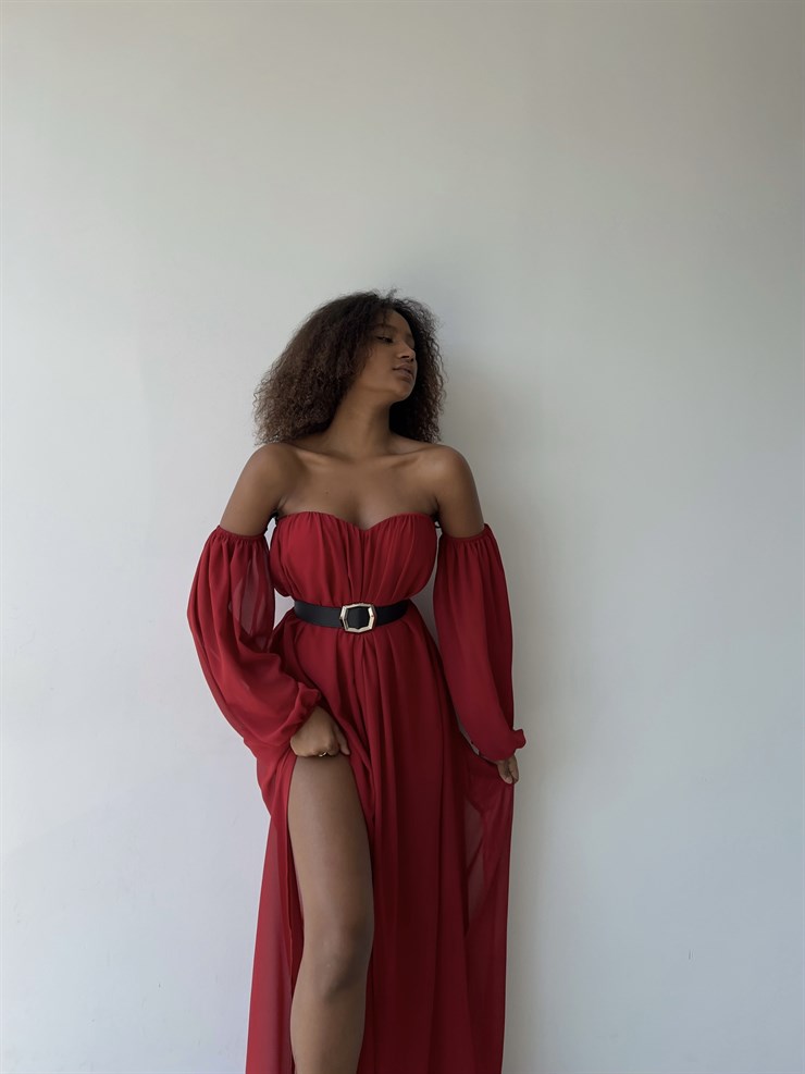 Göğüs Kuplu Şifon Çift Yırtmaçlı Uzun Severus Kadın Kırmızı Elbise 22Y000417