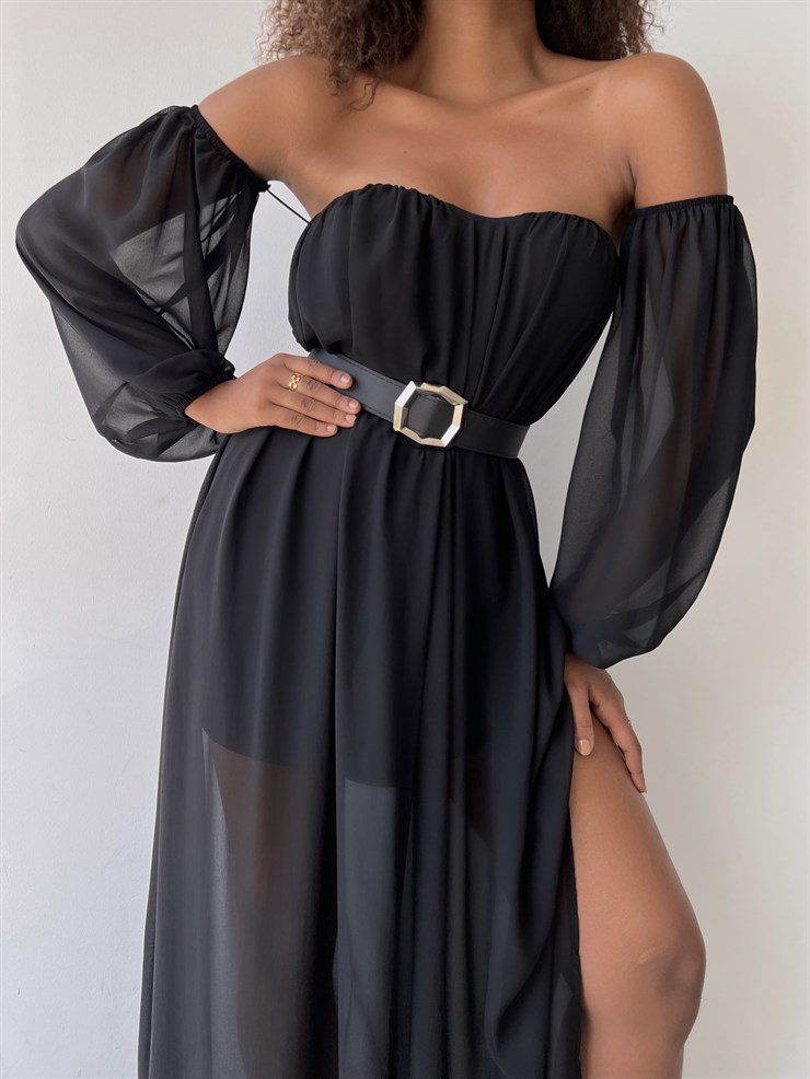 Göğüs Kuplu Şifon Çift Yırtmaçlı Uzun Severus Kadın Siyah Elbise 22Y000417