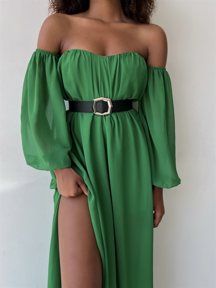 Göğüs Kuplu Şifon Çift Yırtmaçlı Uzun Severus Kadın Zümrüt Elbise 22Y000417