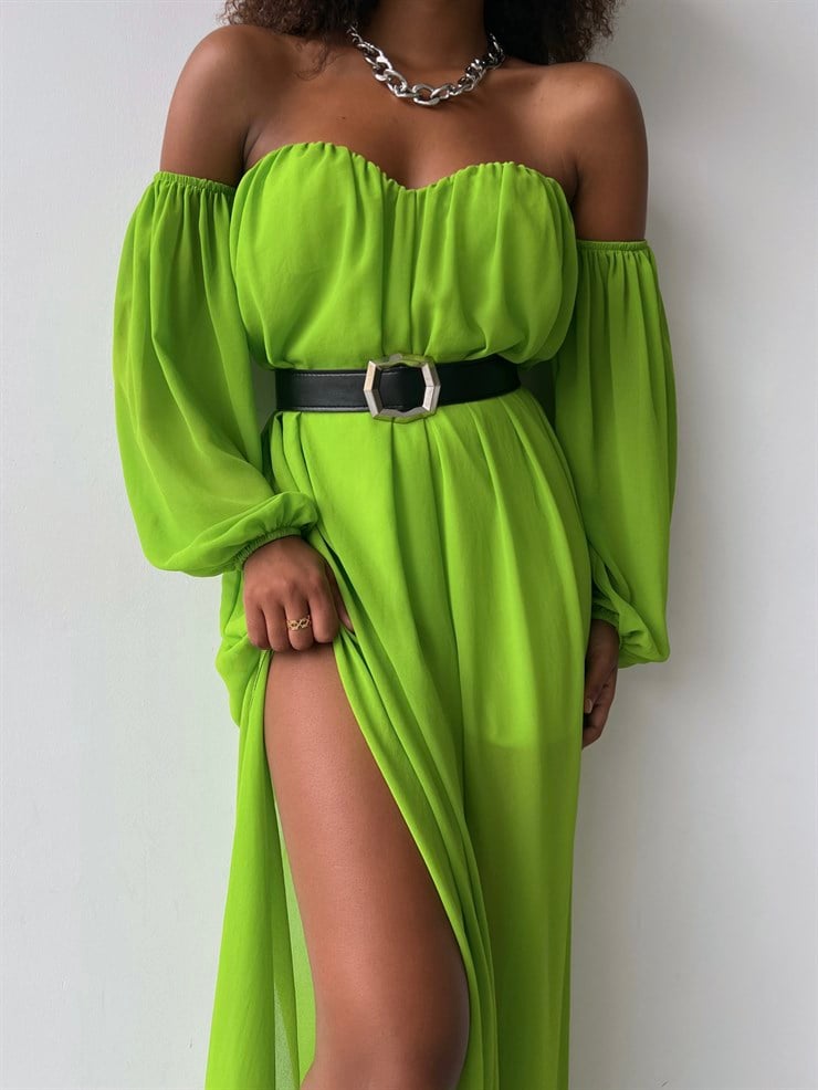 Göğüs Kuplu Şifon Çift Yırtmaçlı Uzun Severus Kadın Yeşil Elbise 22Y000417