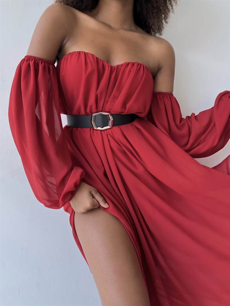 Göğüs Kuplu Şifon Çift Yırtmaçlı Uzun Severus Kadın Kırmızı Elbise 22Y000417