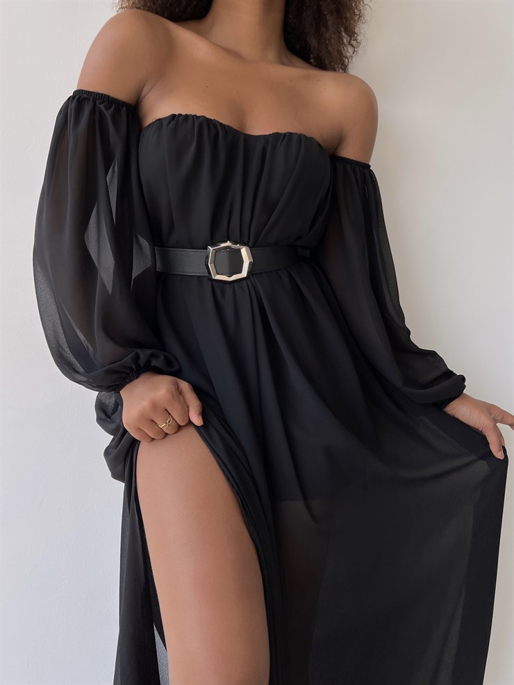 Göğüs Kuplu Şifon Çift Yırtmaçlı Uzun Severus Kadın Siyah Elbise 22Y000417