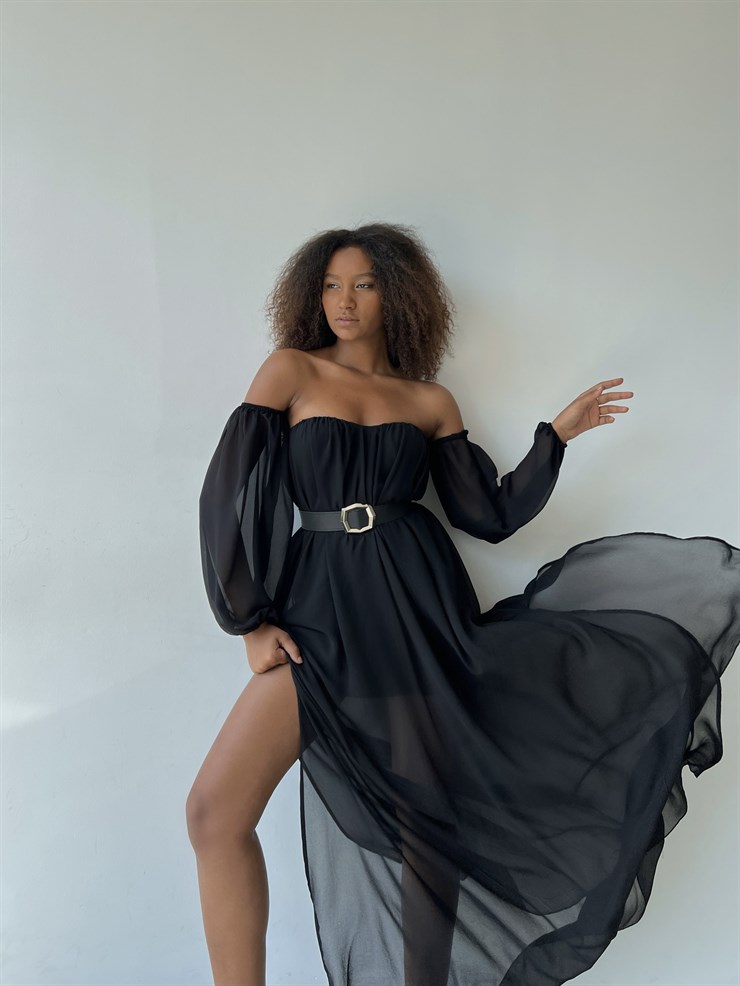 Göğüs Kuplu Şifon Çift Yırtmaçlı Uzun Severus Kadın Siyah Elbise 22Y000417