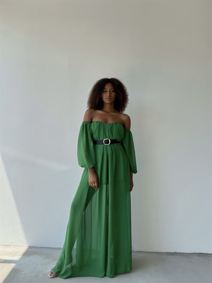 Göğüs Kuplu Şifon Çift Yırtmaçlı Uzun Severus Kadın Zümrüt Elbise 22Y000417