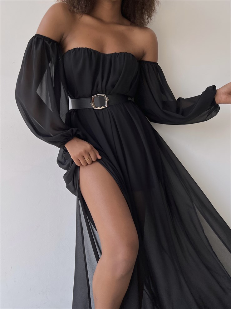 Göğüs Kuplu Şifon Çift Yırtmaçlı Uzun Severus Kadın Siyah Elbise 22Y000417