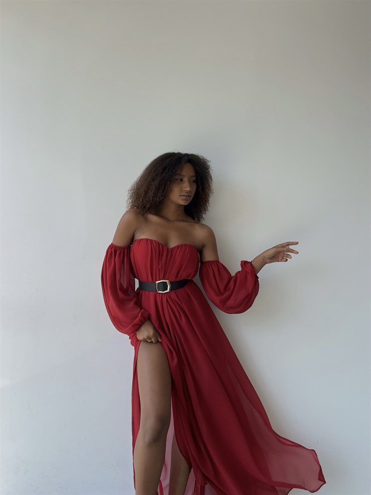 Göğüs Kuplu Şifon Çift Yırtmaçlı Uzun Severus Kadın Kırmızı Elbise 22Y000417