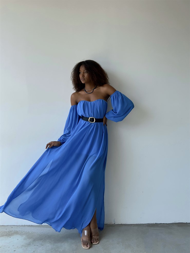 Göğüs Kuplu Şifon Çift Yırtmaçlı Uzun Severus Kadın Mavi Elbise 22Y000417