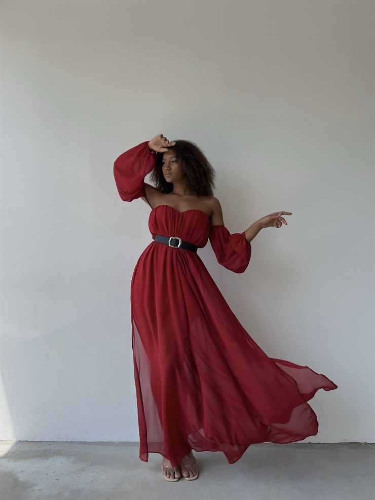 Göğüs Kuplu Şifon Çift Yırtmaçlı Uzun Severus Kadın Kırmızı Elbise 22Y000417
