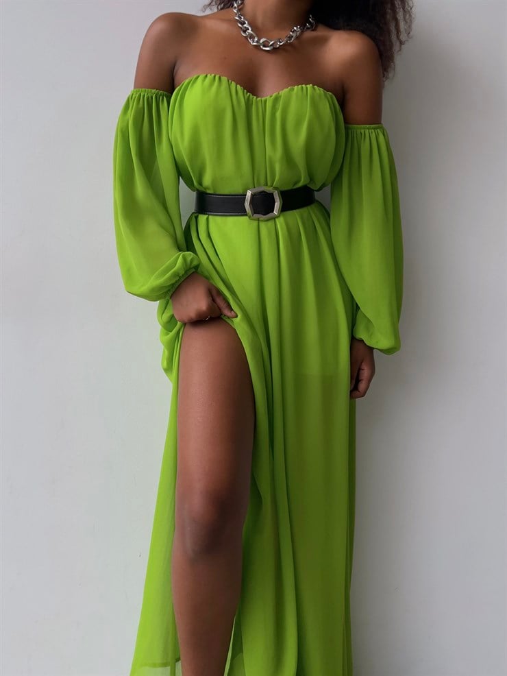 Göğüs Kuplu Şifon Çift Yırtmaçlı Uzun Severus Kadın Yeşil Elbise 22Y000417