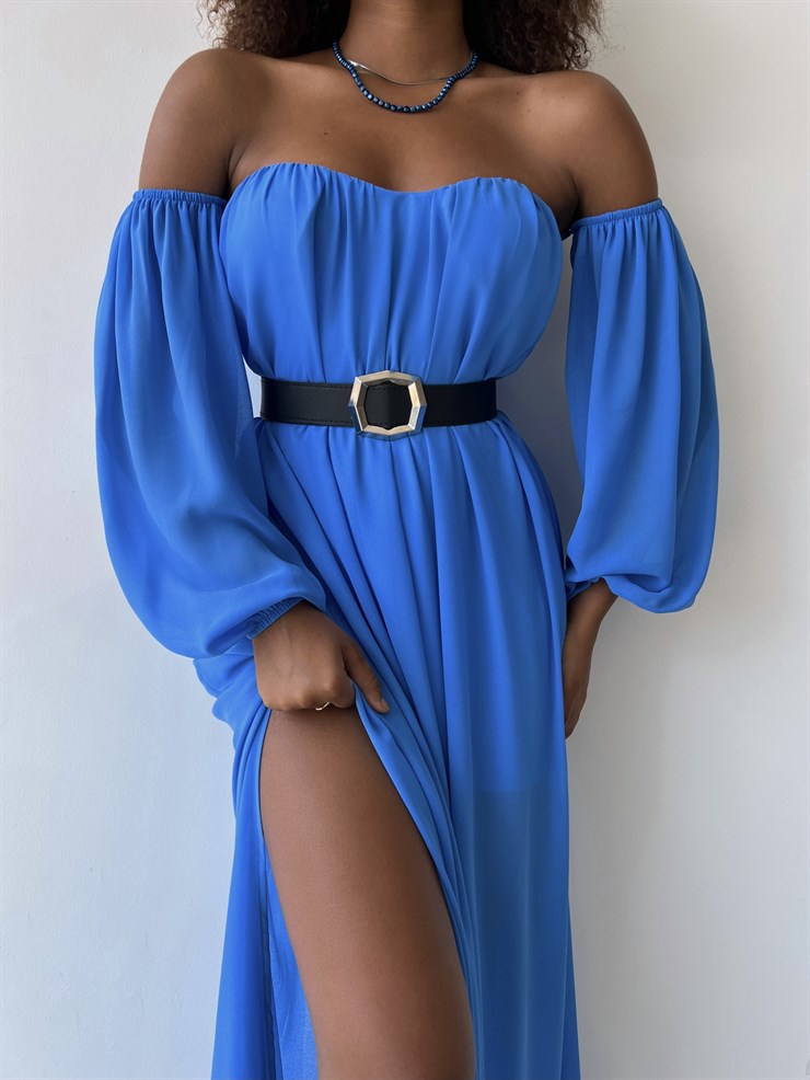 Göğüs Kuplu Şifon Çift Yırtmaçlı Uzun Severus Kadın Mavi Elbise 22Y000417