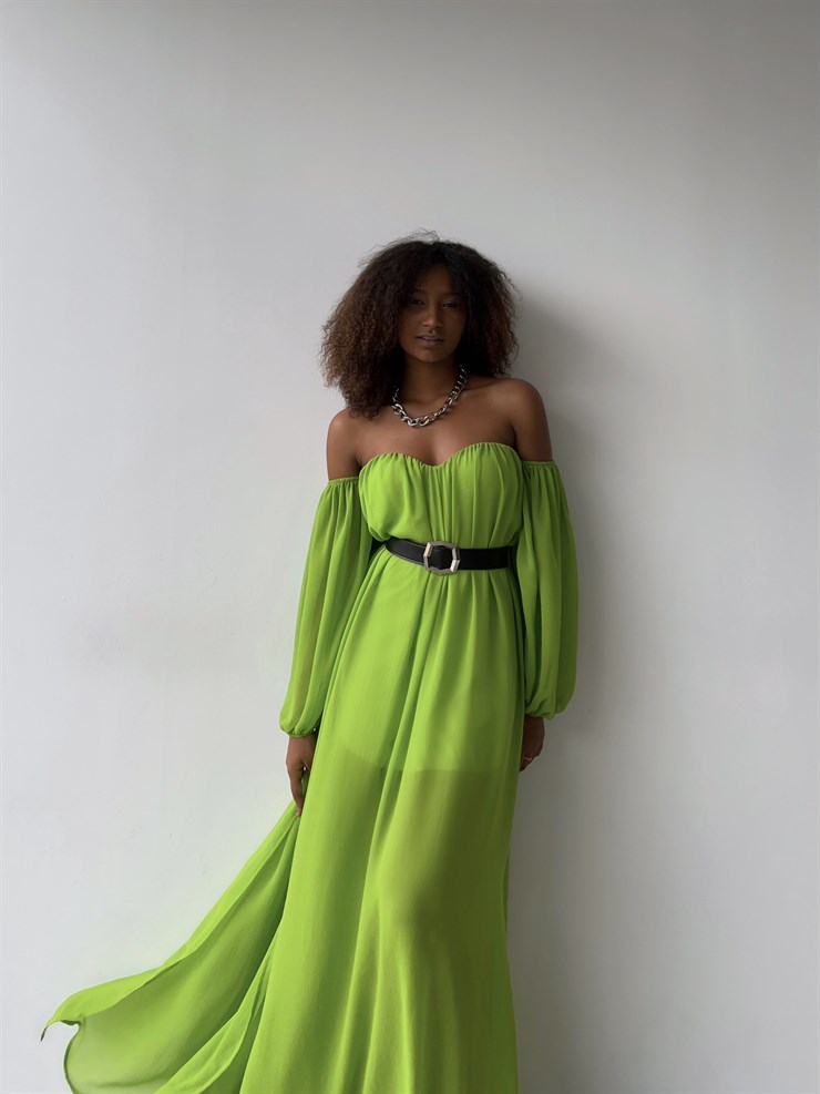 Göğüs Kuplu Şifon Çift Yırtmaçlı Uzun Severus Kadın Yeşil Elbise 22Y000417