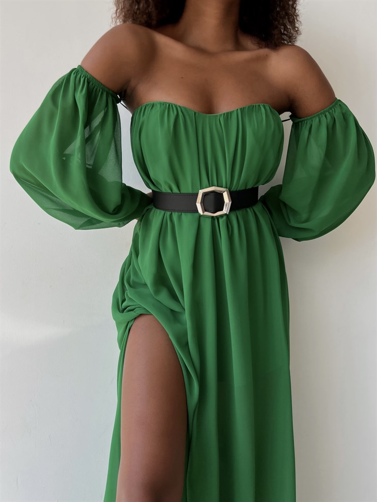 Göğüs Kuplu Şifon Çift Yırtmaçlı Uzun Severus Kadın Zümrüt Elbise 22Y000417