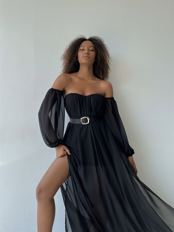 Göğüs Kuplu Şifon Çift Yırtmaçlı Uzun Severus Kadın Siyah Elbise 22Y000417