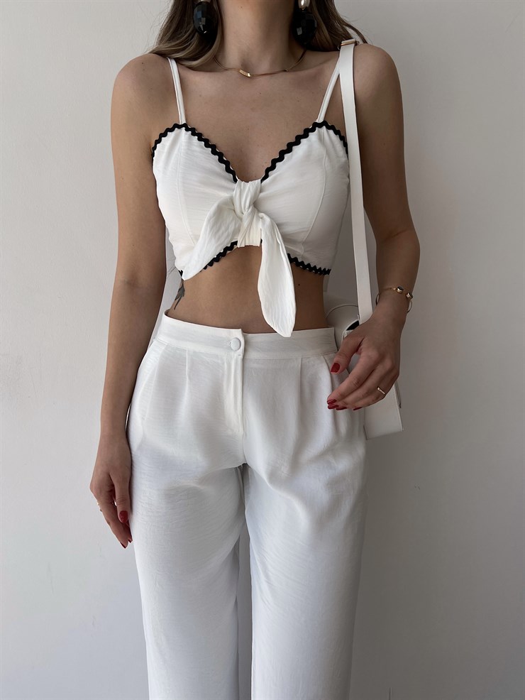 Göğüsü Bağcık Detay Crop Bol Paça Alt Mikayla Kadın Beyaz İkili Takım 22Y000254